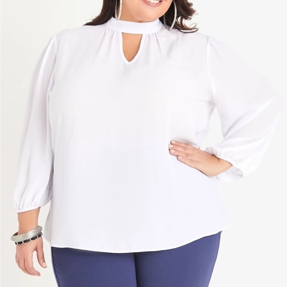 Nwt Ashley Stewart White Crepe Keyhole Blouse (LV) - Picture 1 of 5